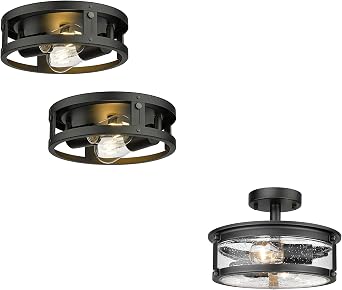 3Pack Black semi Flush Mount Ceiling Light, 2-Light Farmhouse Ceiling Light Fixture,Flush Mount Light Fixture for Hallway,Kitchen,Stairways,Bedroom
