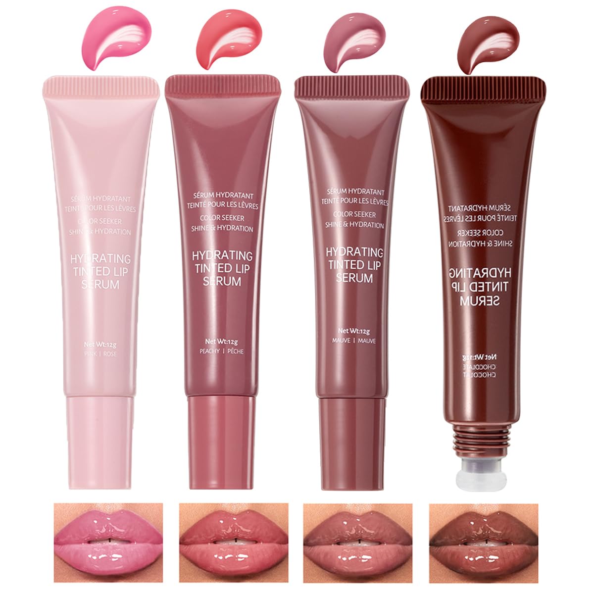 Pakivs 4 Colors Jelly Tinted Lip Serum Gloss Hydrating Nourishing Lip Plumping Long-Lasting Moisturizing with Polypeptide Non-Sticky Glossy
