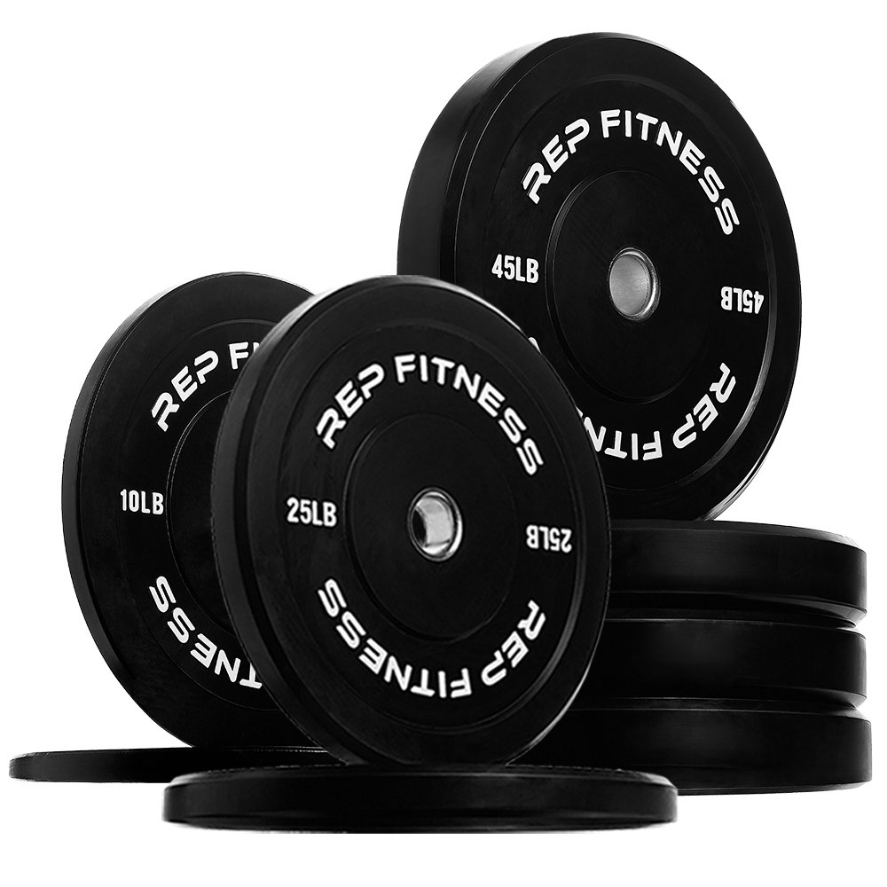 REP Fitness Rubber Bumper Plates, 5Lb to 370 lb Set Pairs, Olympic Standard Weights, Shock Absorbing Low Bounce Design, For Home Gyms, Fitness Centers