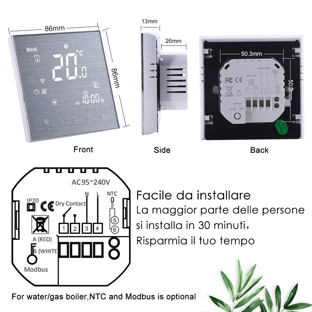 Termostato Wifi Caldaia a Gas/Acqua-Termostato Alexa Google Home Smart Programmabile Termostato Digitale Touch Screen Senza fili 3A cronotermostato wifi termostati