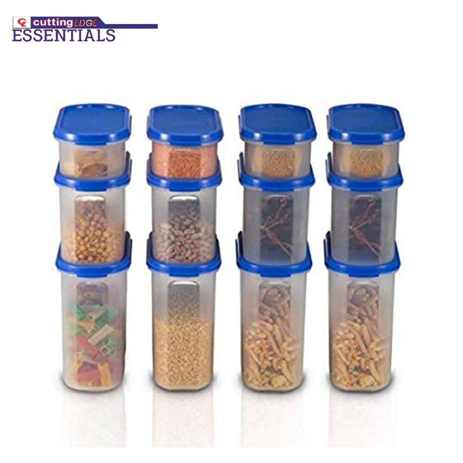 Cutting Edge Essentials Modular Airtight Kitchen Storage Container Set with Plain Lid 1800ml x 4, 1200ml x 4, 525ml x 4 (Peppy Blue, Set of 12)