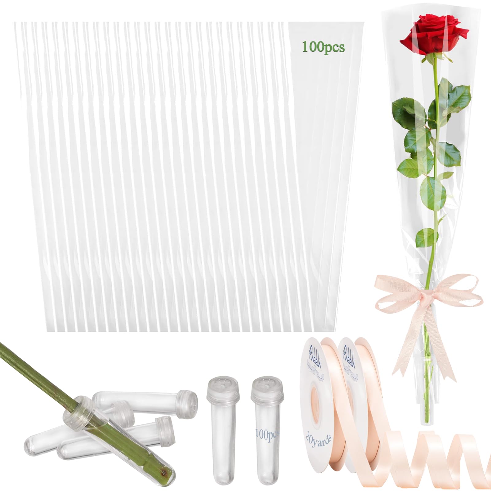 AKLVBL Flower Sleeves for Bouquets 100 Pcs Clear Single Rose Sleeve with 100 Pcs Floral Water Tubes for Bouquets and 40 Yards Light Pink Ribbon for Gift Wrapping for Gift, Florist, DIY, Wedding, Festival