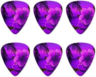 Beach Sunset Hibiscus Flower Hawaiian Purple Novelty Guitar Picks Medium Gauge - Set of 6