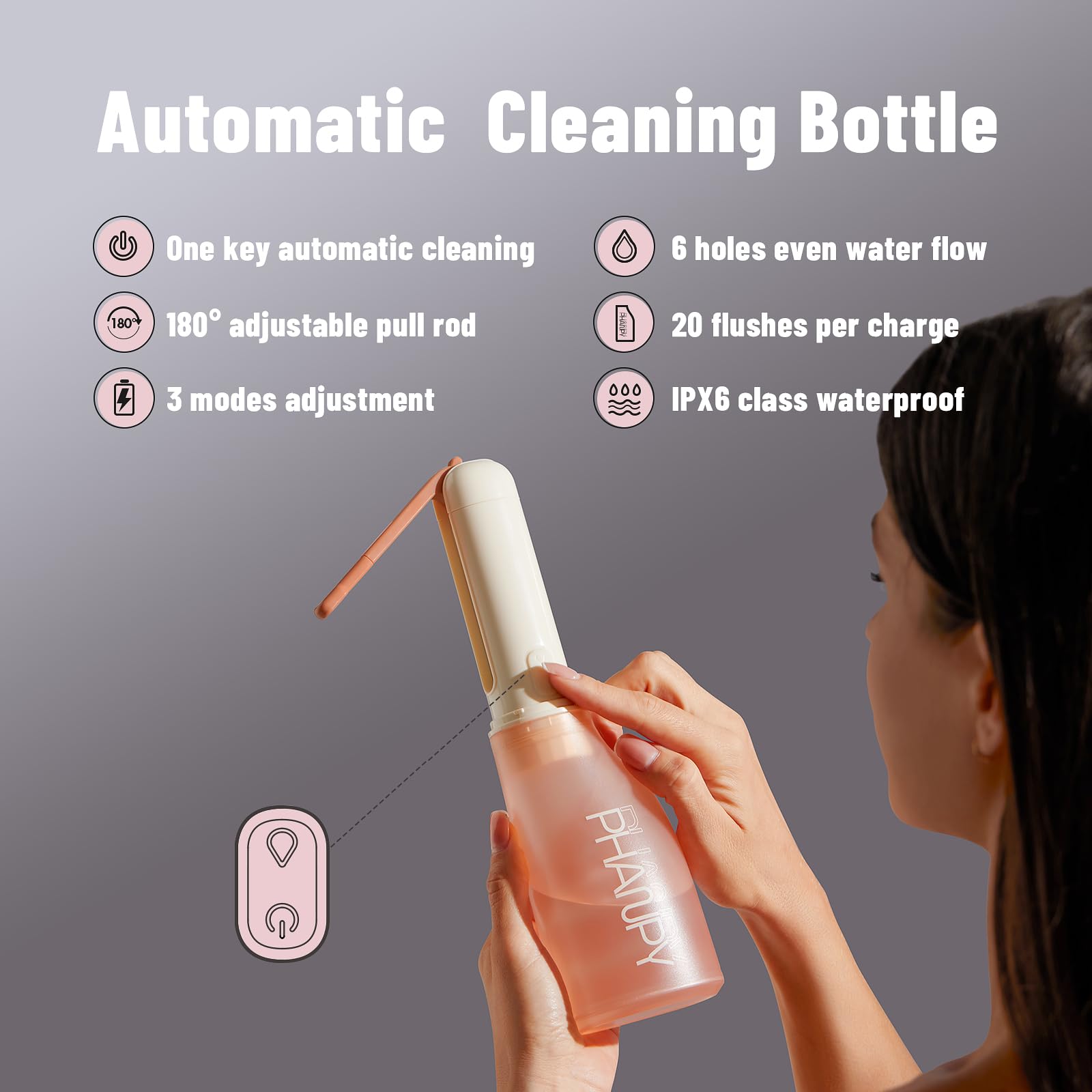 Phanpy Automatic Electric Peri Bottle for Postpartum Care, 3 Modes and 180 Adjustable, Portable for Travel, Upside Down for Perineal Cleaning and Recovery, 14 OZ