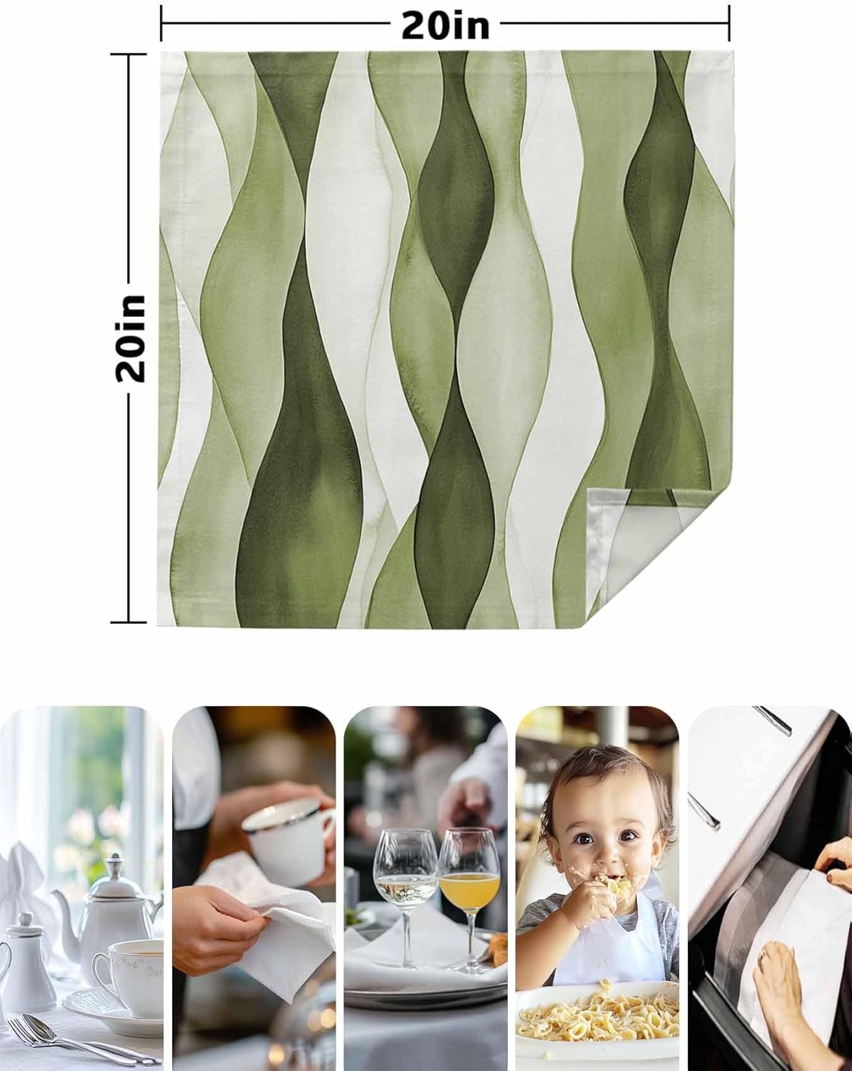 Sage Green Ripple Cloth Napkins Set of 8, Abstract Gradient Reusable Dinner Napkins Cloth Watercolor Modern Washable Dinner Towel for Wedding Party Kitchen Table Decoration, 20x20 Inch
