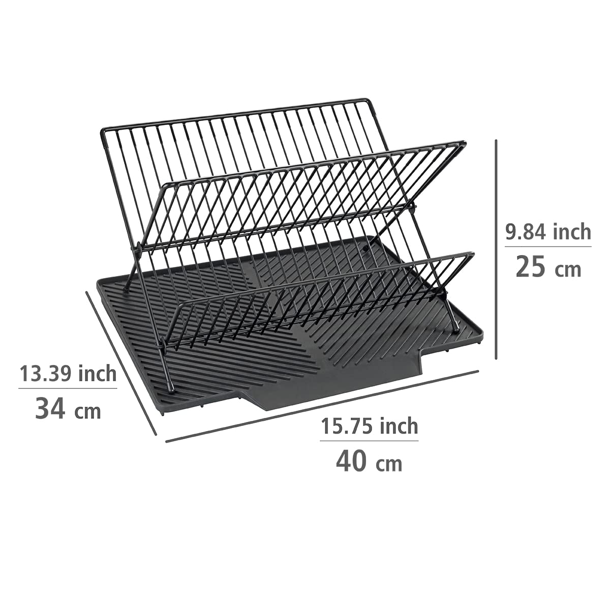 WENKO Esterilla escurreplatos Nelia con rejilla escurridora de superficie inclinada para un óptimo drenaje del agua, alfombrilla de plástico con rejilla metálica, (An. x A x P): 34 x 24 x 40 cm, negra