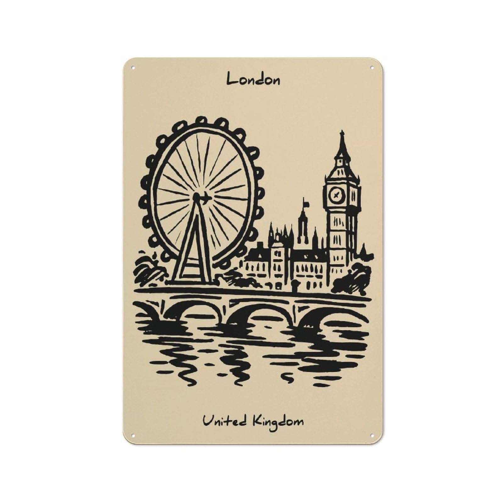Junmoney Style-14 London Skyline Sketch Cafe Metal Sign 30X20cm, Bistro Style Bistro Wall Plaque For Coffee Bar, Small Shop Or Dining Room