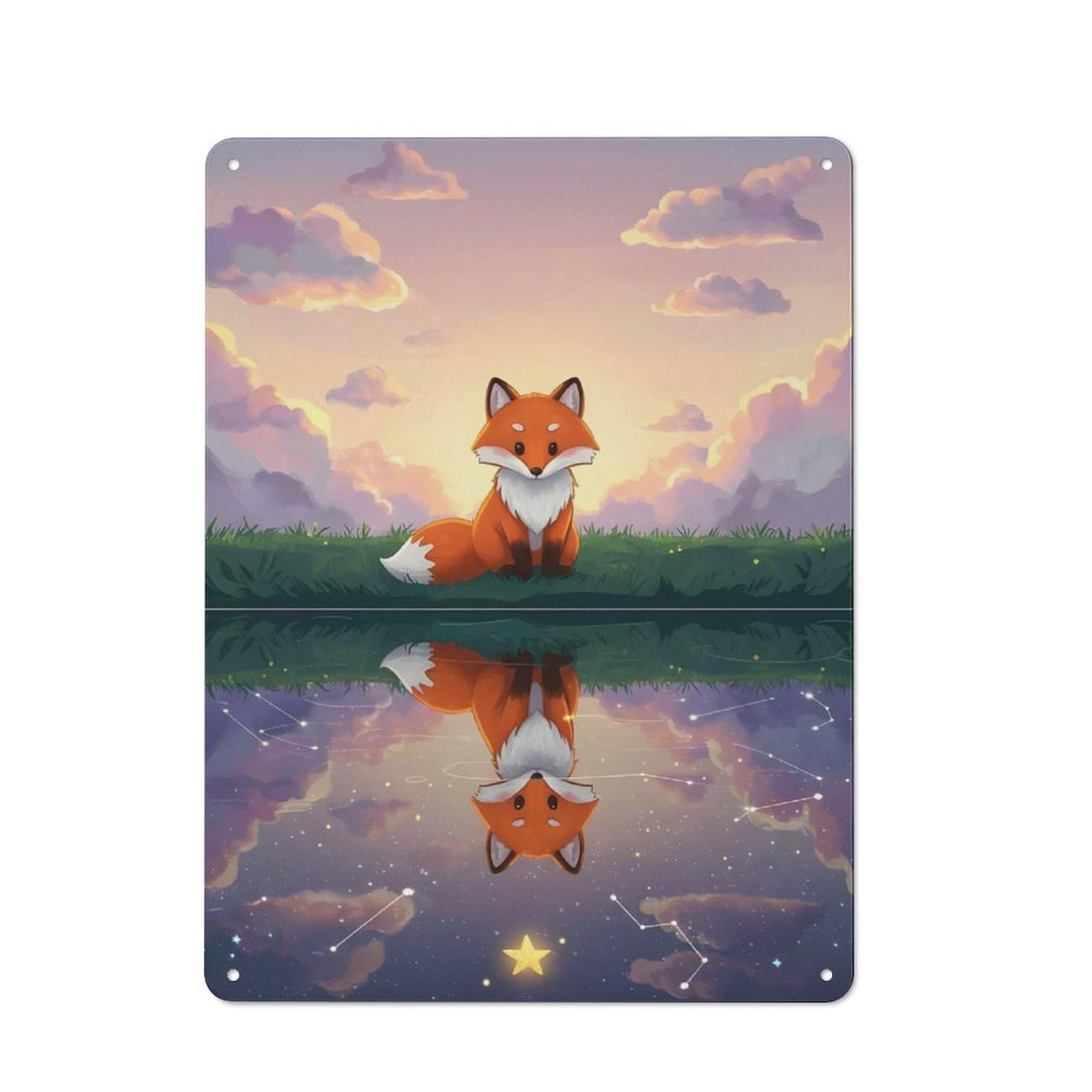 Junmoney Fox Reflection On Starry Water Metal Wall Sign 40X30cm Featuring For Pub Or Café, For Kitchen, Dining Room And Home Bar Wall Decor
