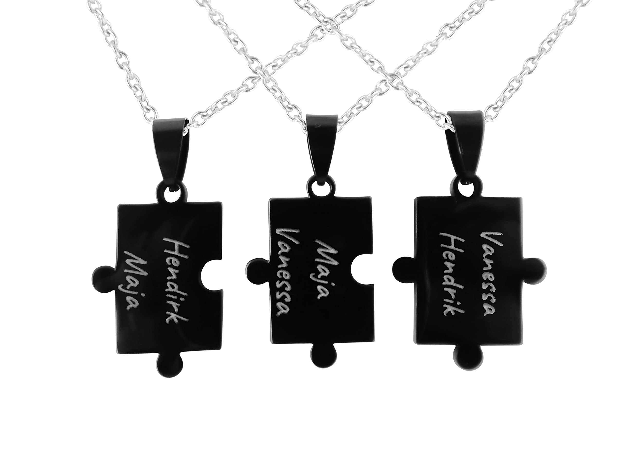 3 Stück Personalisierte Ketten mit Gravur Edelstahl 50 cm Puzzle in schwarz - Halsketten für Männer und Frauen - Personalisierter Schmuck Damen Herren Freundin Freund Geschwister