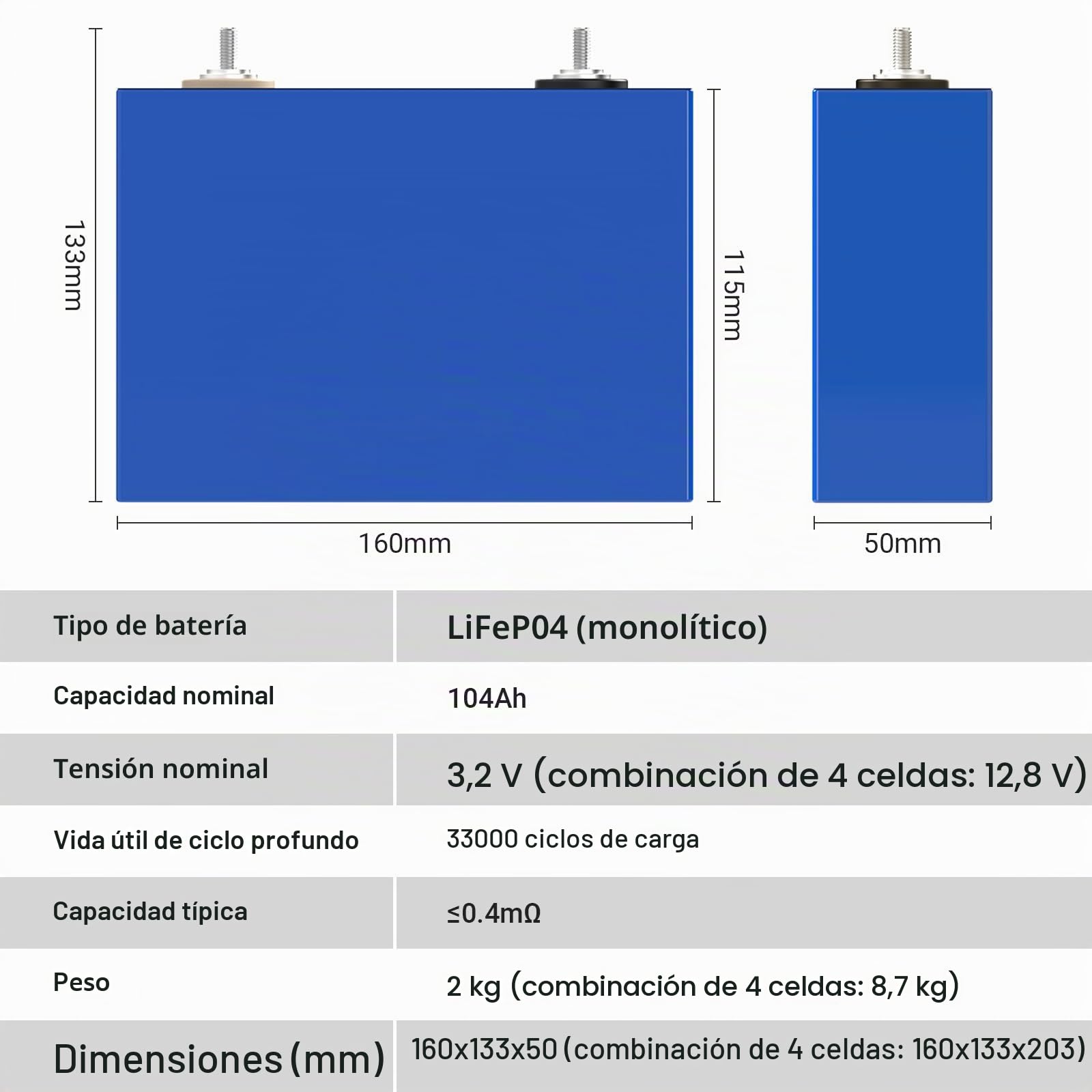 LifepO4 12V 100AH (3.2 V x 4 Paquete) Celdas de batería de Ciclo Profundo de LifePO4- baterías de Litio, Botes, Marinos, Carrito de Golf, Autocaravana (3.2V 100AH(4 Piezas))