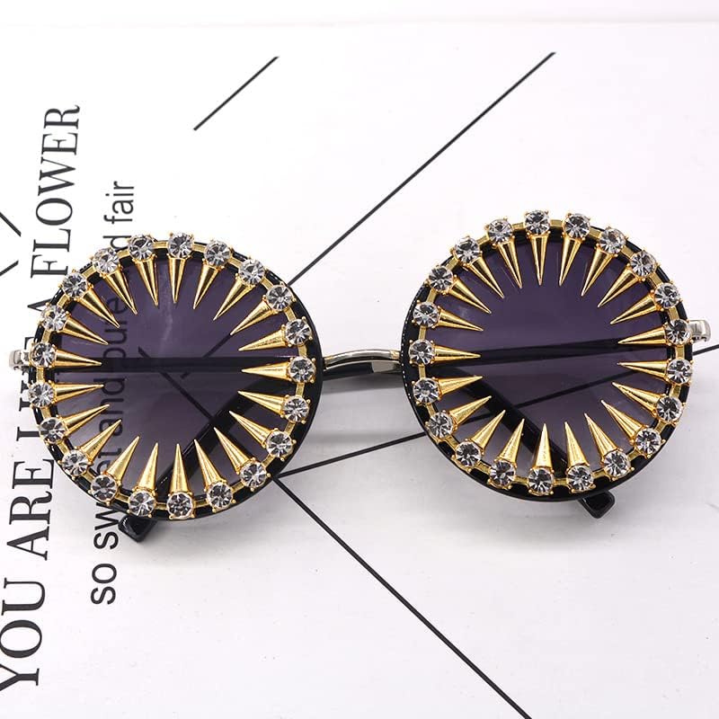 Naimo Sparkling Crystal Round Sunglasses UV Protection Punk Rivet Rhinestone Glasses Eyewear - Image 5