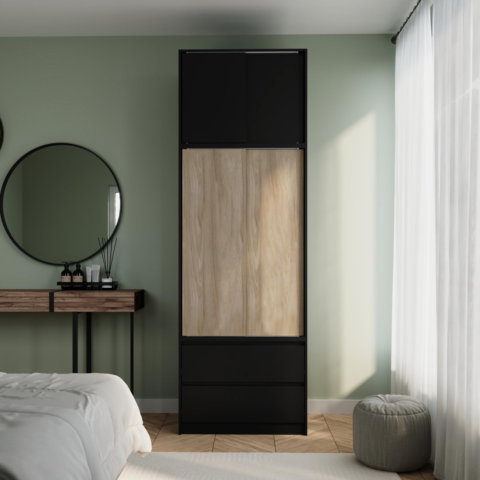 URBNLIVING 240cm Extra Tall 2 Door Sliding Wardrobe for Bedroom, Modern Freestanding Storage Cupboard with Hanging Rail, Customisable Design, Ideal for Clothes, Accessories & More