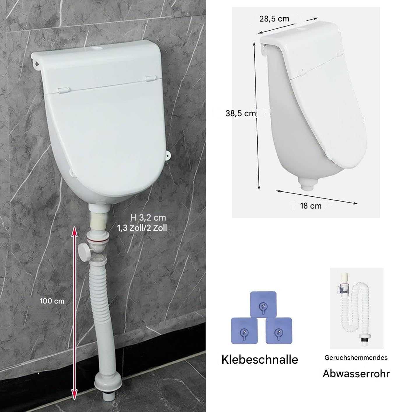 Generisch Pissoir de pared para hombre | Fregadero orinatorio para baño | Fregadero a prueba de rebosadero con manguera para vehículos, casa, jardín, dormitorio