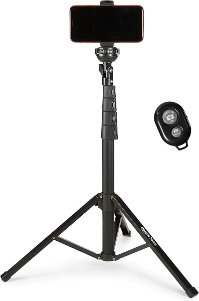 Amazon Basics Trípode y Paloselfi Extensible para Teléfono de 162cm/64in, con Mando a Distancia Inalámbrico, Negro - 1