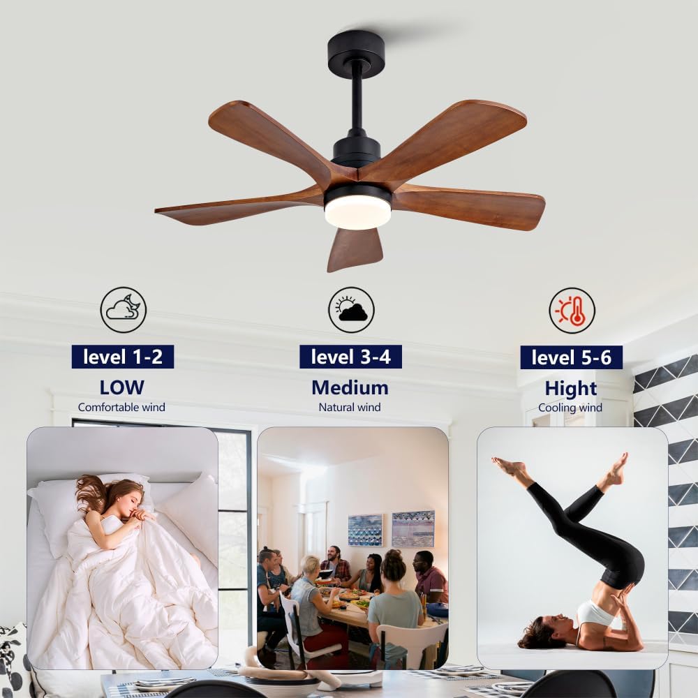 52 Inch Modern Ceiling Fan With 3 Color Dimmable 5 Solide Wood Blades Remote Control Reversible DC Motor With Led Light (Antique Black + Solid Wood)