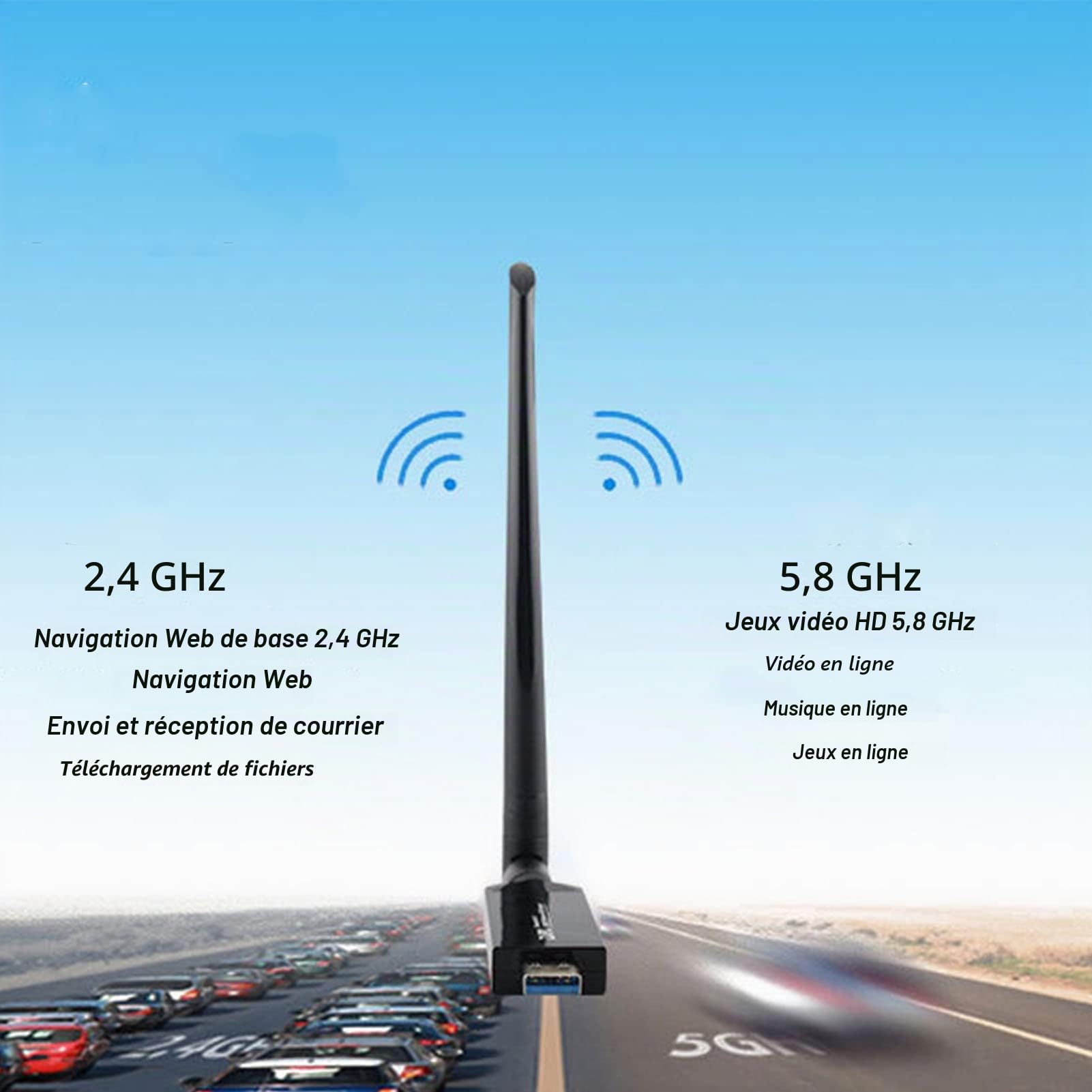 Yunseity Adaptateur WiFi USB, Adaptateur Réseau sans Fil RTL8812AU, Dongle WiFi USB 3.0 1200M avec Double Bande 2,42 GHz/300Mbps 5GHz/866Mbps Antenne à Gain élevé pour Android, Linux, Win