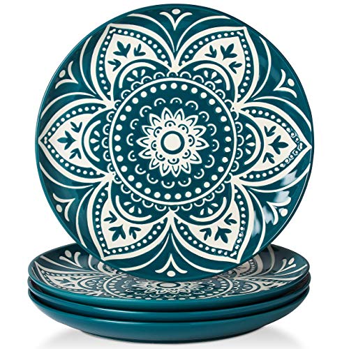 ZONESUM Dinner Plates - 10 Inches Dessert Plates Ceramic Serving Plates Serving Dishes for Appetizer Dessert Ideal for Family Gathering Party Dishwasher Microwave Safe Set of 4 Peacock Blue