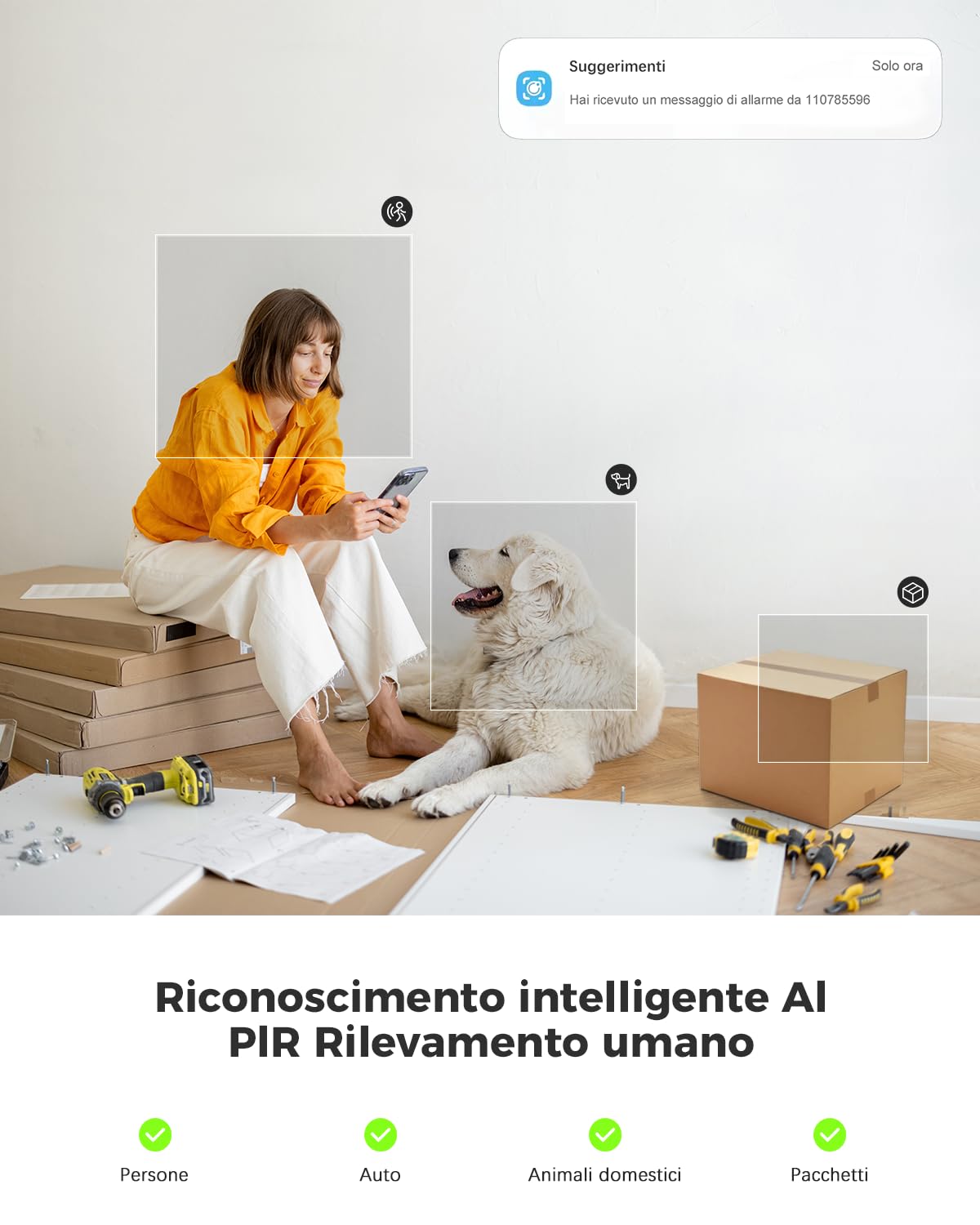COCOCAM 2K Telecamera WIFI Interno Senza Fili con Batteria 5200mAh, 355°P 90°T Wireless per Baby Monitor per Animali Assistenza Agli Anziani, Riconoscimento AI, PIR Rilevamento Umano (1, Bianco)