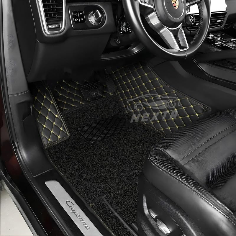 Image of NEXTA Premium Faux Leather 7D Car Floor Mats for MG Majestor - 7 Seater (All 3 Rows) || Luxury Leather with Grass Mat Complete Set || 100% Waterproof and Washable (Color Black & Golden)