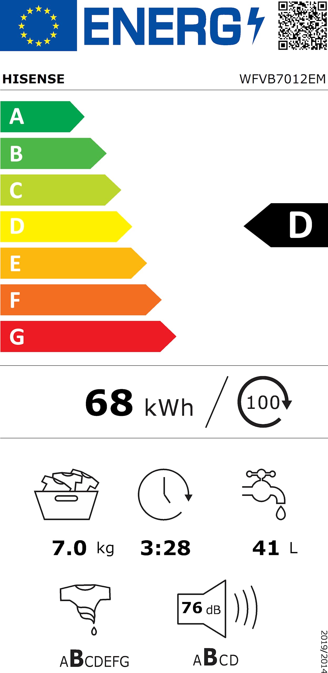 Hisense WFVB7012EM - Lavatrice a Carica Frontale 7 Kg, 1200 rpm, 15 Programmi, Vapore, Display LED, Programma Rrapido, Partenza Ritardata, Child Lock