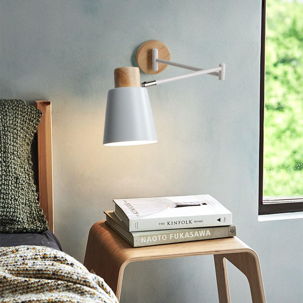 AoLa Schwenkarm Wandleuchte Innen Langer Arm Klapparm Wandbeleuchtung E27 Holzlampen Wandlampe Metall Verstellbarer Leselampe Modern Weiß Nachttischlampe Für Schlafzimmer Wohnzimmer Kinderzimmer