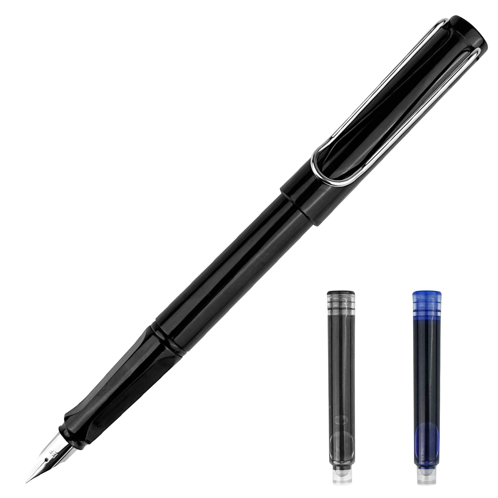 Penna Stilografica Pennino Fine Acciaio Lucido EF, 2 Cartucce Blu Nero, Scrittura Ufficio Destrimani
