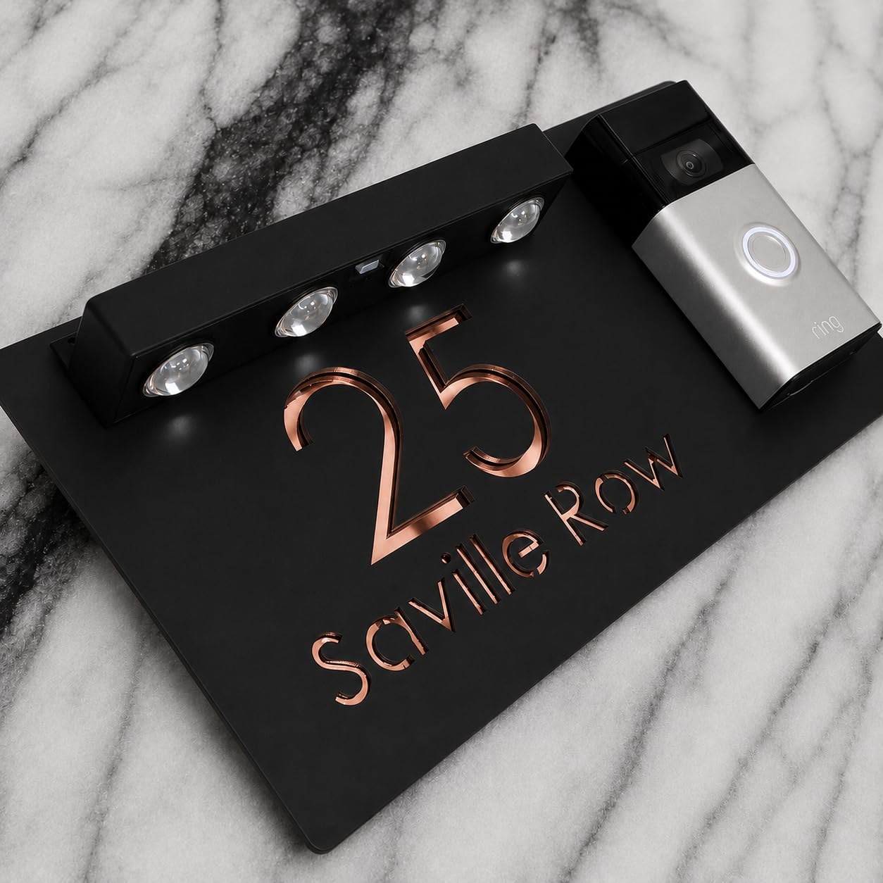 K Smart Sign | Bellissima LED DOORBELL F31 | Contemporary Customised House Video Doorbell Solar LED Signs 3d Door Numbers Street Address Number Plaques | 300mm x 160mm (Matt Black & Rose Gold Mirror) โ image 1