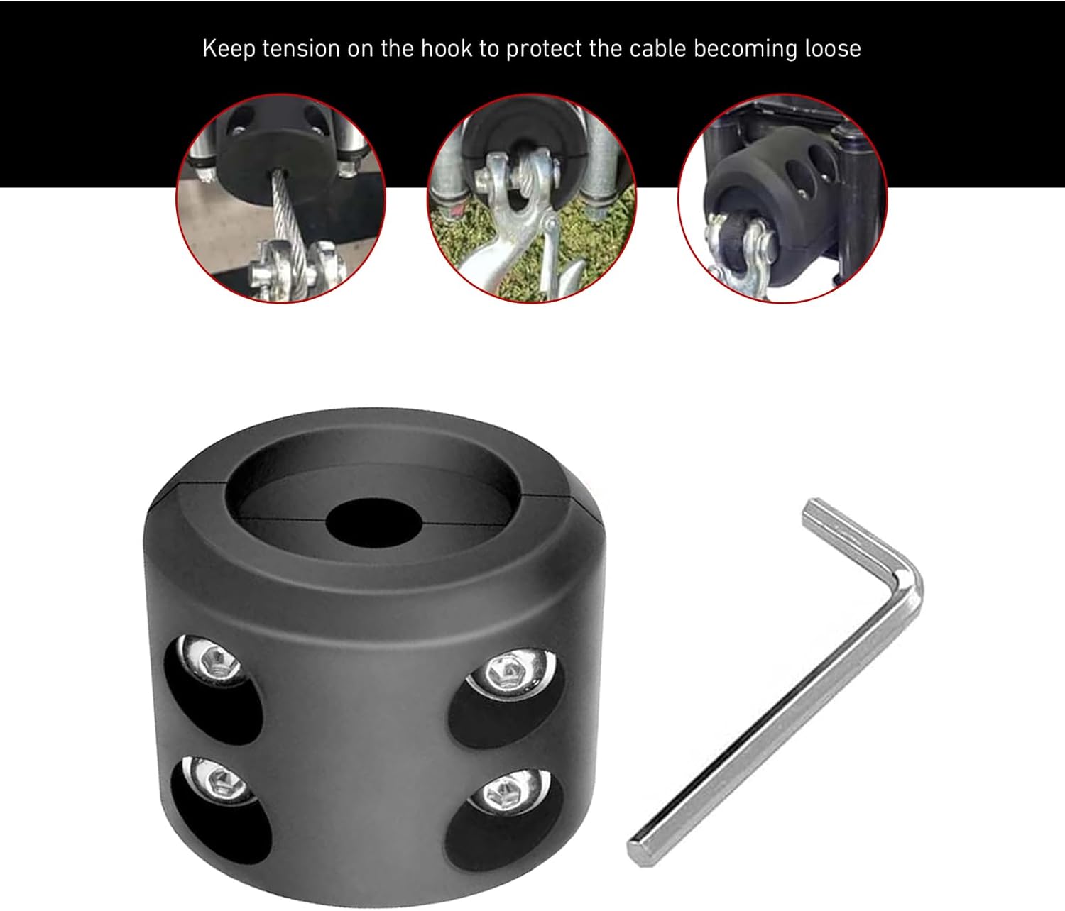 Winch Cable Hook Stopper, Rubber Winch Stopper, Rope Line Saver with Stainless Steel Screws and Nuts Allen Wrench, Fit for ATV UTV Truck SUV (Black)