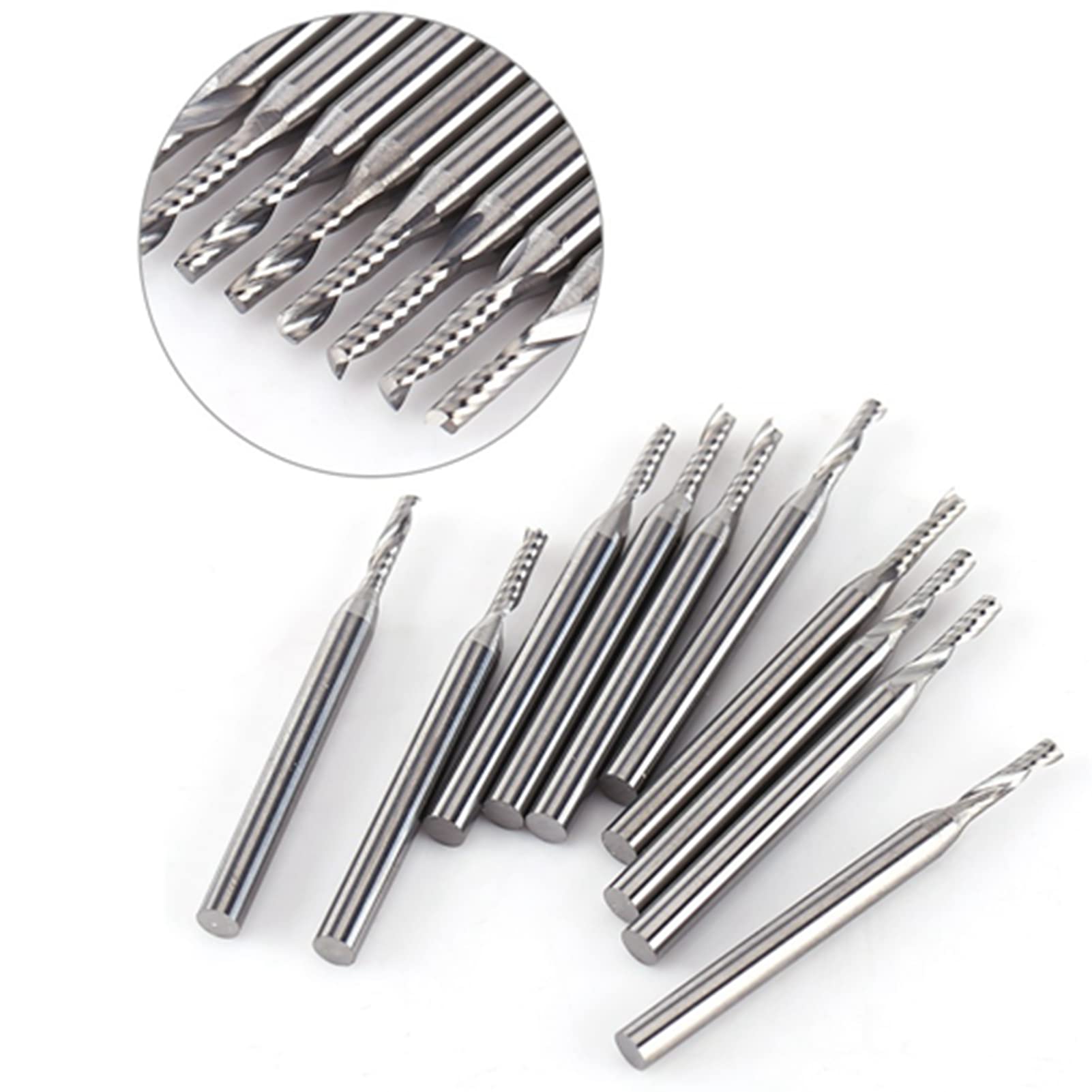 Made 10-pack 1/8 Shank Tungsten Carbide End Mill CNC Engraving Tools with Single Flute Spiral Drill Bit Design
