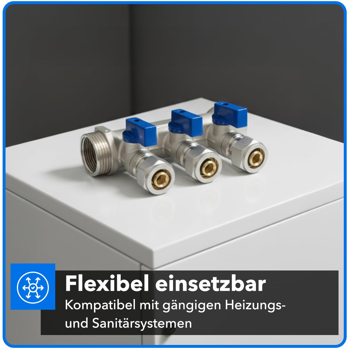 Belrad Heizkreisverteiler 4 Abgänge Kugelhahn blau 1" AG 1" IG 1/2" 16 mm Eurokonus vernickeltes Messing Einzelabsperrung