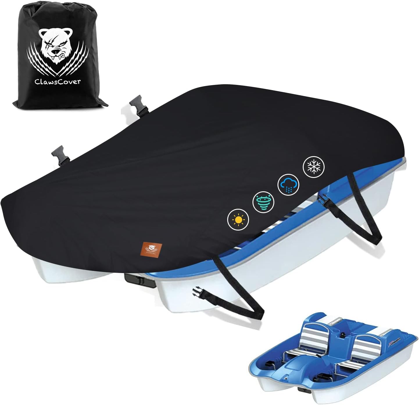 ClawsCover Pedal Boat Covers Waterproof Outdoor,112.5L x 65W Inch Fits Up to 3 or 5 Person Fishing Paddle Boat, Heavy Duty & Anti-UV & Tear-Proof,2Pcs Windproof Straps,Storage Bag,Black ClawsCover Pedal Boat Covers Waterproof Outdoor,112.5L x 65W Inch Fits Up to 3 or 5 Person Fishing Paddle Boat, Heavy Duty & Anti-UV & Tear-Proof,2Pcs Windproof Straps,Storage Bag,Black