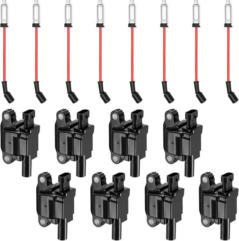 Kit de bobinas de ignição UF743 e cabos de vela 748UU BDFHYK para Chevrolet, GMC e Cadillac – 8 bobinas + 8 cabos