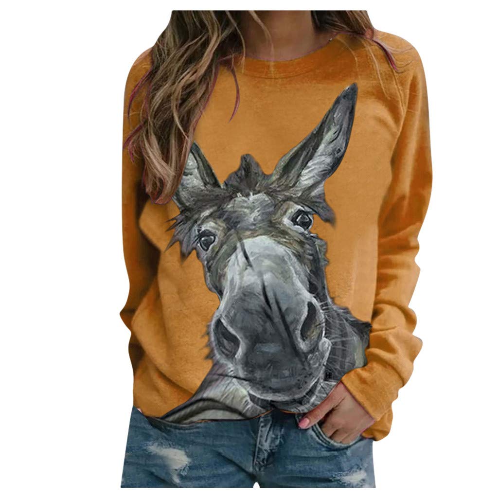 Afelkas Women's Casual Long Sleeve Pullover Big Donkey Print Sweatshirts Plus Size Loose Blouse Round Neck Tunics Yellow
