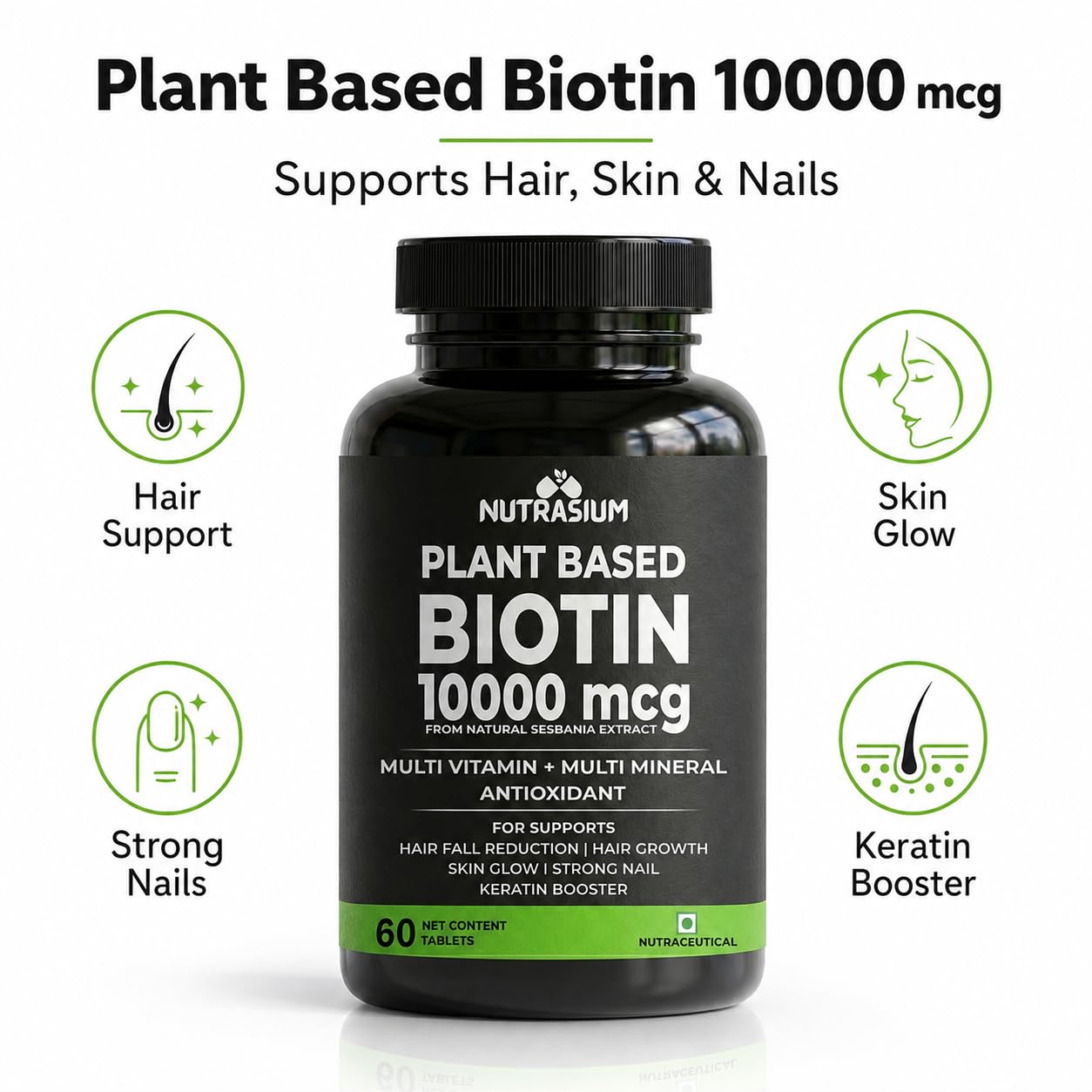 Nutrasium Biotin 10,000 mcg with multivitamin & Minerals | For supports Hair Growth | For Control Hair fall, Hair damge & Hair splitting | 120 tablets 2