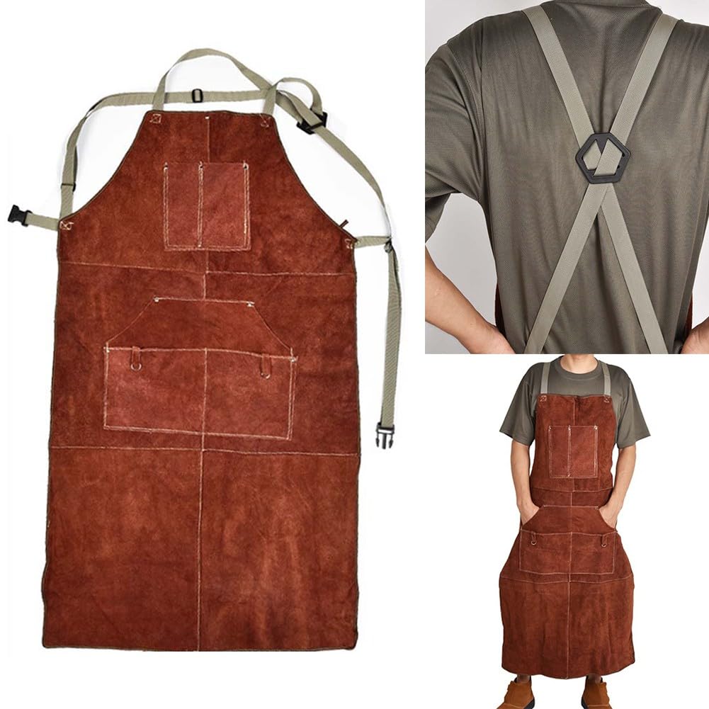Lecreatekit Tablier de soudage en cuir robuste pour homme avec 6 poches, résistant à la chaleur et aux flammes, tablier de forgeron, motif croisé dans le dos, marron, 65 x 115 cm