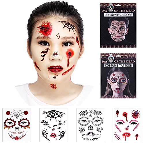 Halloween Temporary Scar Blood tattoos 4 Sheet Face Tattoos Kit :Skeleton Day of the Dead Temporary 2 Sheet Halloween Prom Spider, Blood, Scar, Bat Costume Tattoos 2 Sheet for Men or Women