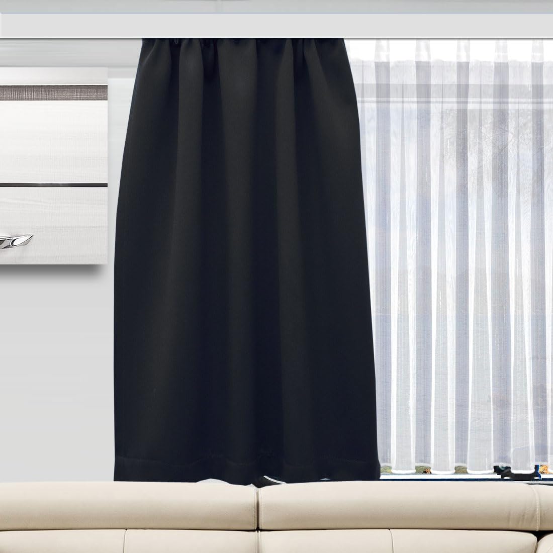 Wohnmobil-Gardine Mattis schwarz | Maßgefertigter Verdunklungs-Vorhang mit Reihband | Hochwertiger Dekoschal für Caravan & Wohnwagen | Blickdichter Sichtschutz Höhe 40-80 cm x Breite 70-140 cm
