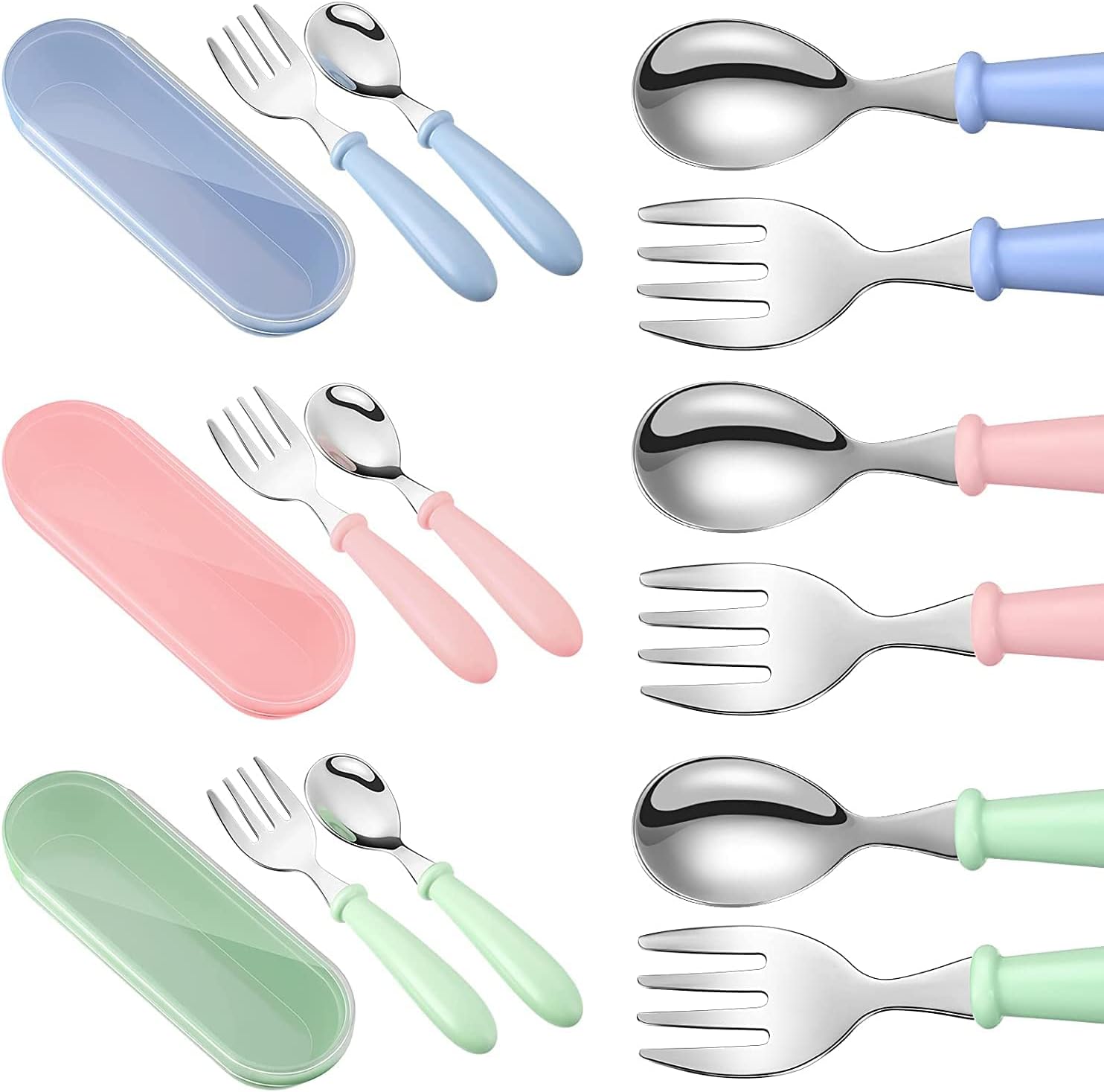 9 Pieces Toddler Utensils Stainless Steel Fork and Spoon Safe Baby Silverware Set, Kid Safe Utensils Children's Flatware Kids Cutlery Set with Round Handle for LunchBox (Blue, Green, Pink)