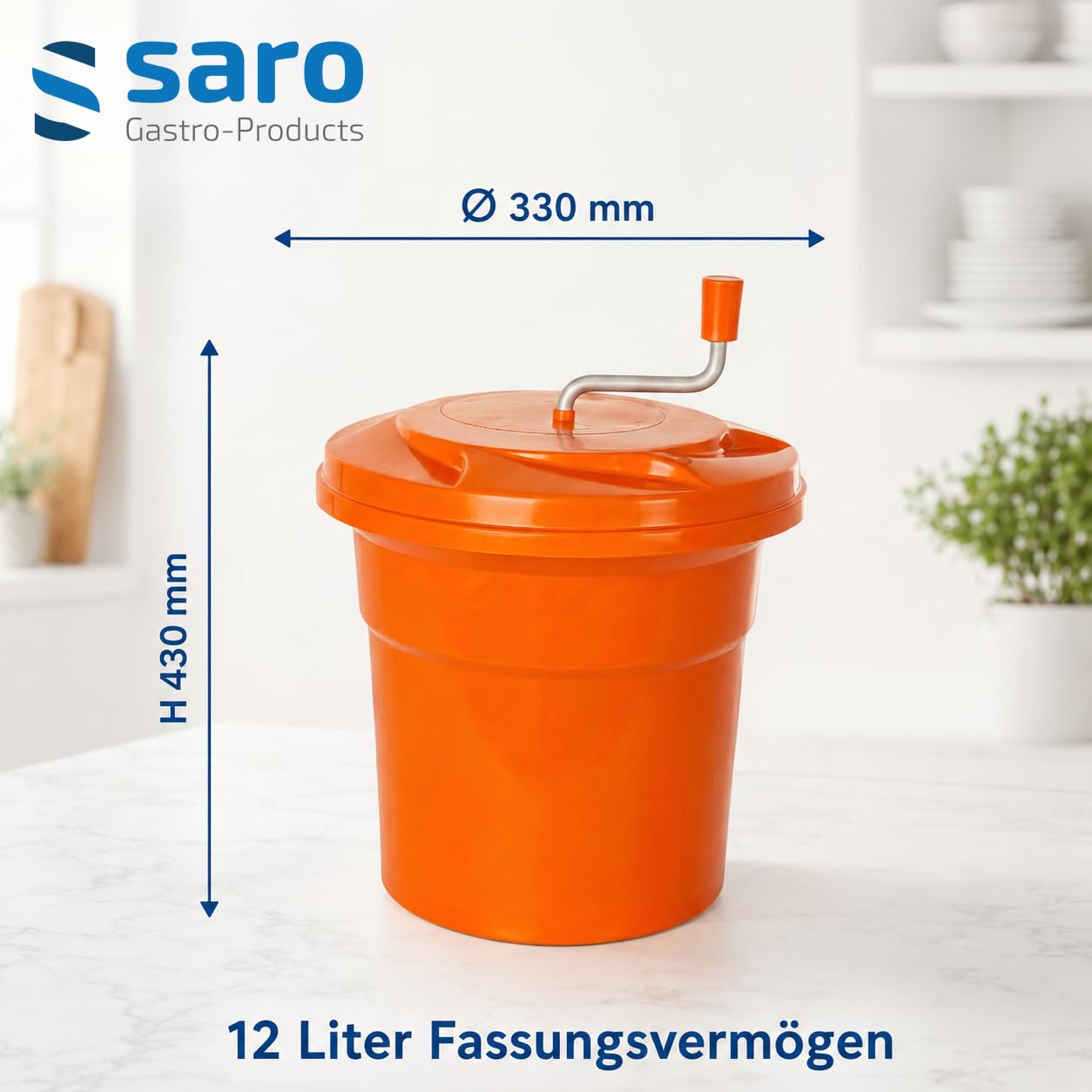 SARO Salatschleuder – 12 L – Ø 330 mm – Stoßfestes Kunststoffgetriebe – Spülmaschinengeeignet – Rutschfester Stand – Modell RENA 121