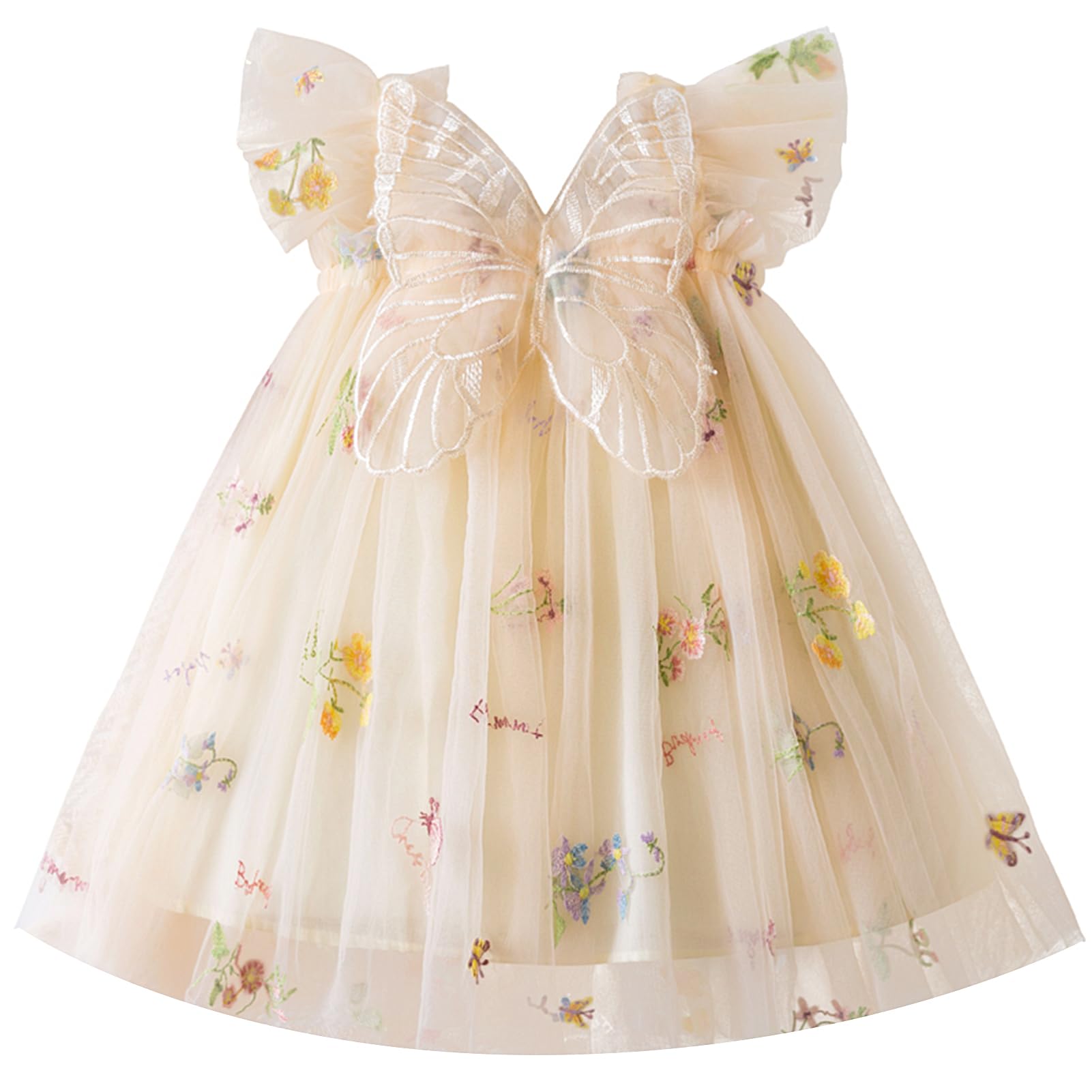 FYMNSI Toddler Baby Girls Fairy Dress Butterfly Floral Embroidery Ruffle Tulle Tutu Dress Kids Flutter Sleeve Mesh Summer Sundress Princess Flower Girl Pageant Birthday Party Gowns Champagne 6-12M
