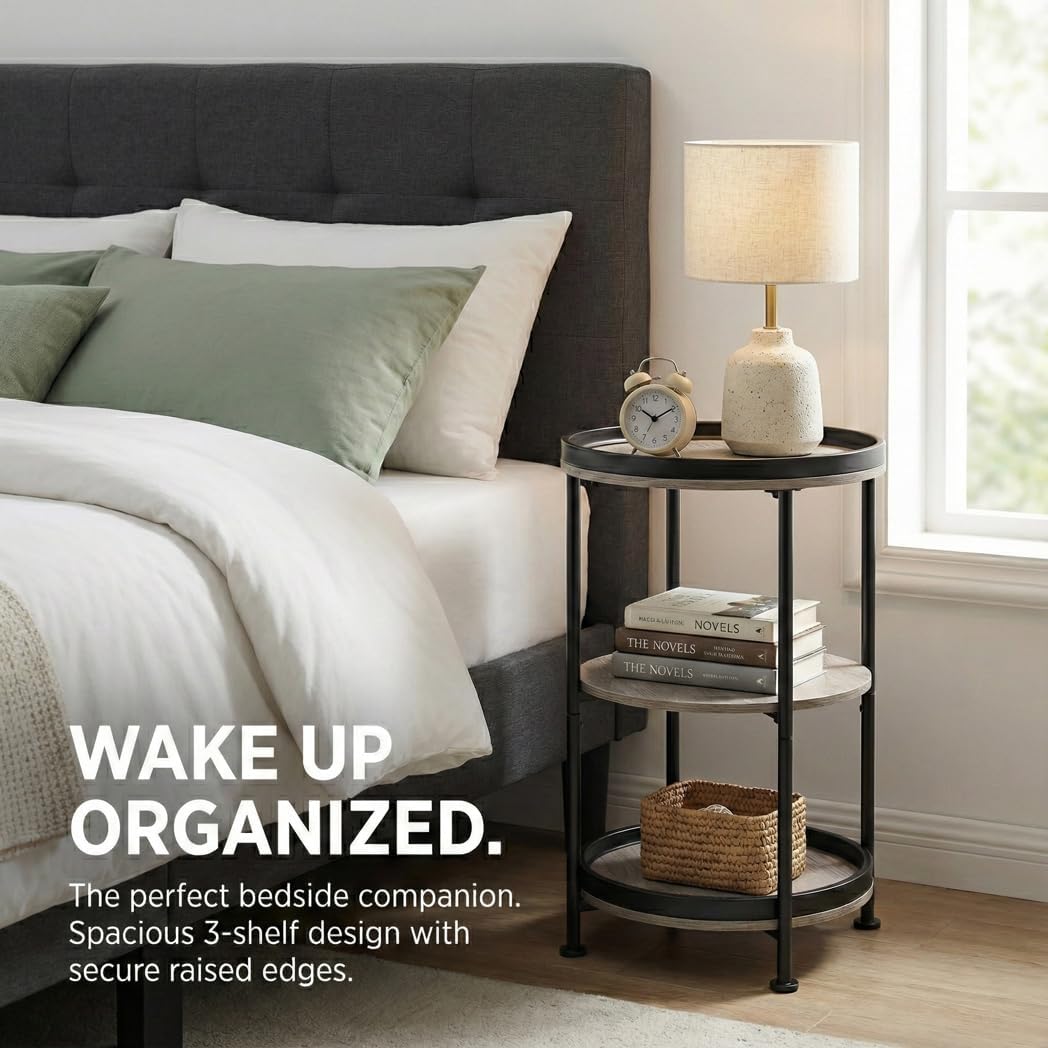 Dulcii Side Table, Round End Table with 3 Storage Shelves for Living Room, Bedroom, Nightstand with Steel Frame for Small Spaces, Industrial Round Sofa Table, Outdoor Accent Coffee Table, Oak