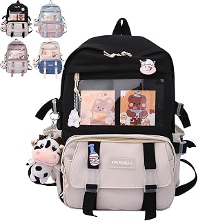 MQSHUHENMY Kawaii Backpack with Kawaii Pin and Accessories, Aesthetic Backpack, Rucksack for Teen Girls School Bag (Black)