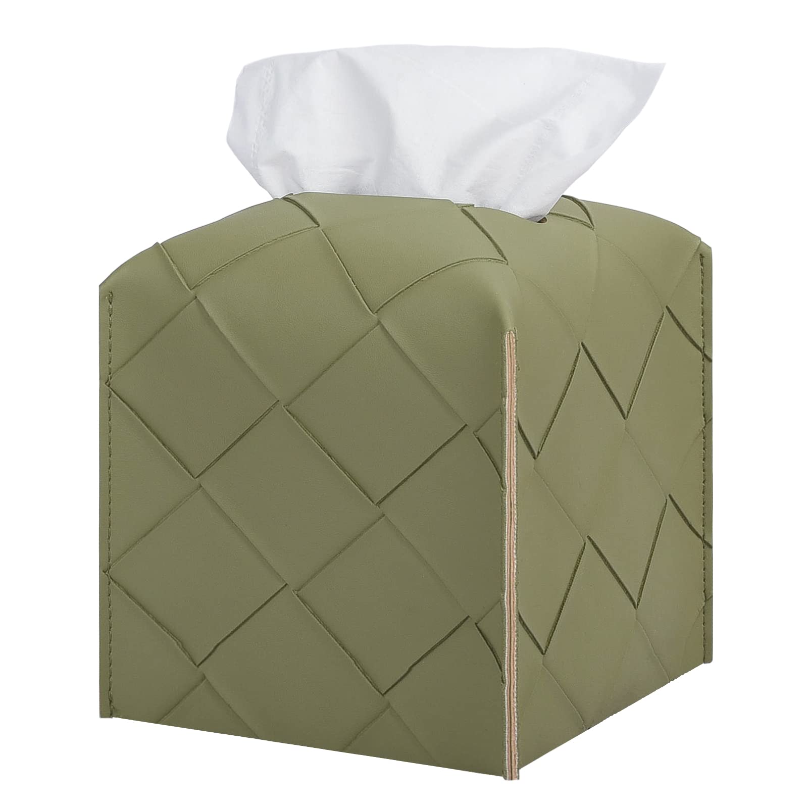 Tissue Box Cover PU Leather Square Tissue Holder Facial Peper Organizer Dispenser for Bathroom, Bedroom, Vanity Countertop, Office, Car, Olive Green