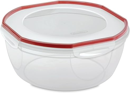 Sterilite Ultra-Seal 8.1 Qt Bowl, Large Airtight Food Storage Container, Latching Lid, Microwave and Dishwasher Safe, Clear With Red Gasket, 2-Pack