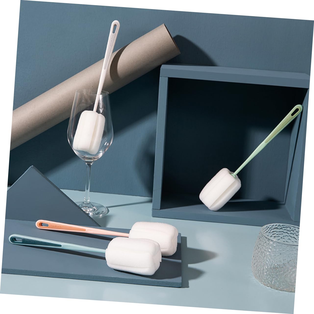 TOPBATHY 20 Pz Pennello con tazza in spugna a manico lungo scrub per la pulizia spazzola per pulire il bicchiere di vino Palmare spazzola per la pulizia spazzola per fessure