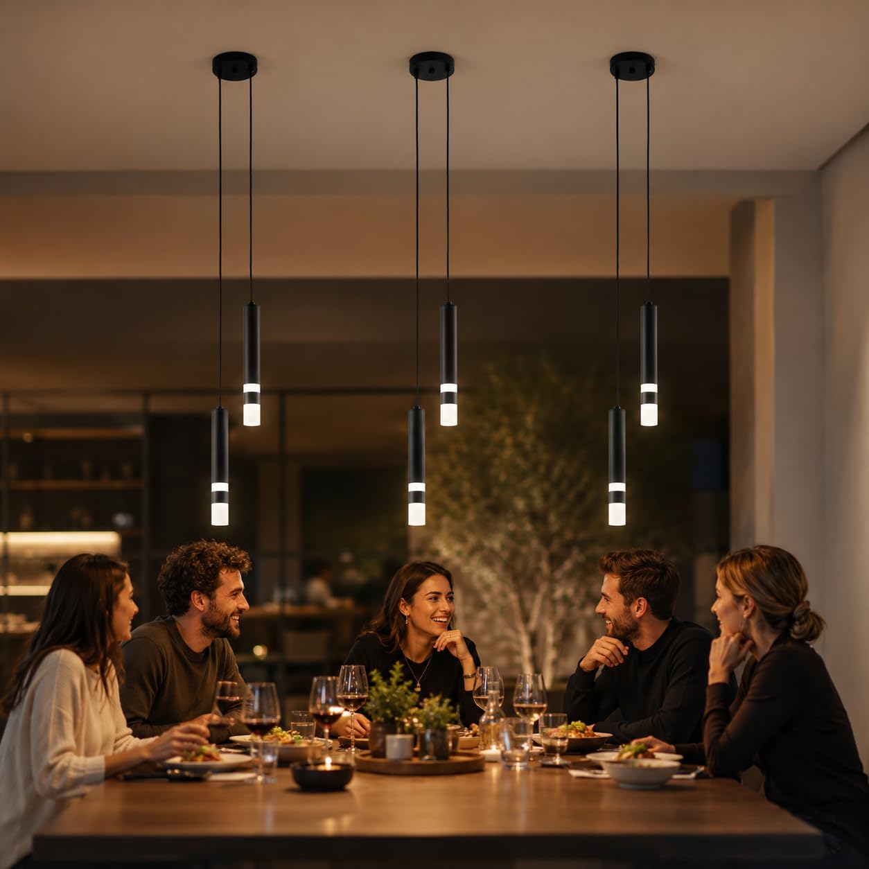 Lampada a Sospensione Minimalista Nera per Isola Cucina, 2 Luci Moderna Lampada a LED a Luce Naturale, Lampadario Adatto per Sala da Pranzo, Bar, Comodino e Vano Scale