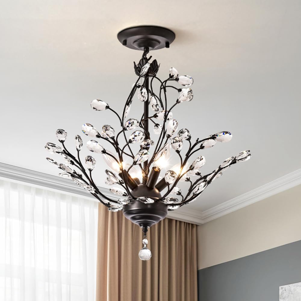 Maxax Semi Branch Crystal Chandelier, 18"*18.5", 4 Lights Modern Black Ceiling Light Fixtures, Adjustable Hanging Vintage Pendant Lighting for Entryway, Dinning Room, Living Room, Bedroom, E12