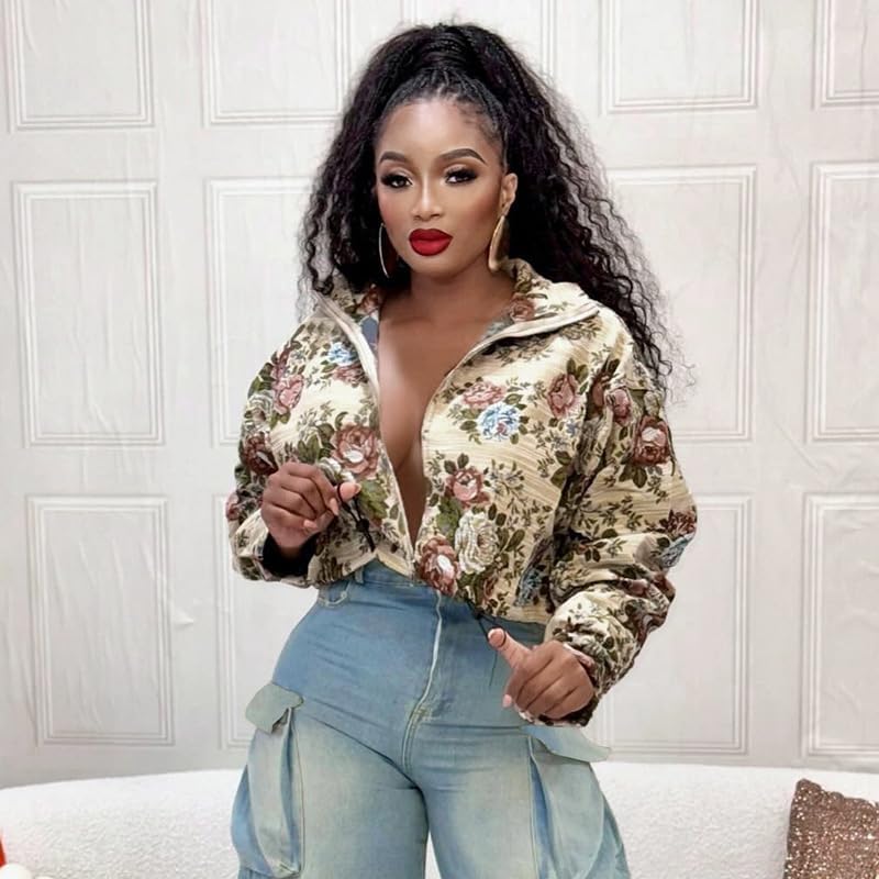 Womens Floral Print Jacket Cropped Bomber Jacket Long Sleeve Zipper Vintage Outwear with Strap Varsity Coats for Women - Image 5