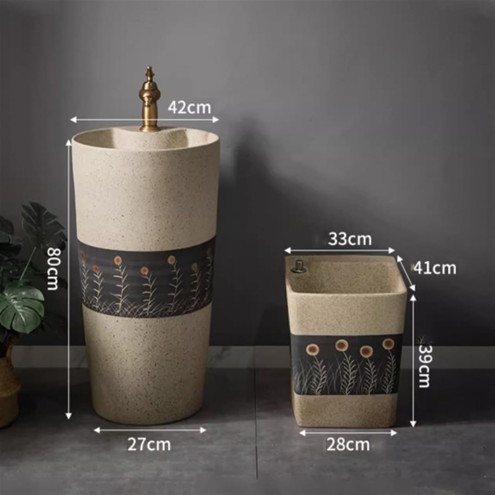 Lavabo de cerámica con columna tallada, fregadero de pie con un solo agujero para grifo, combo de una pieza para interiores y exteriores, talla A, B-One Size