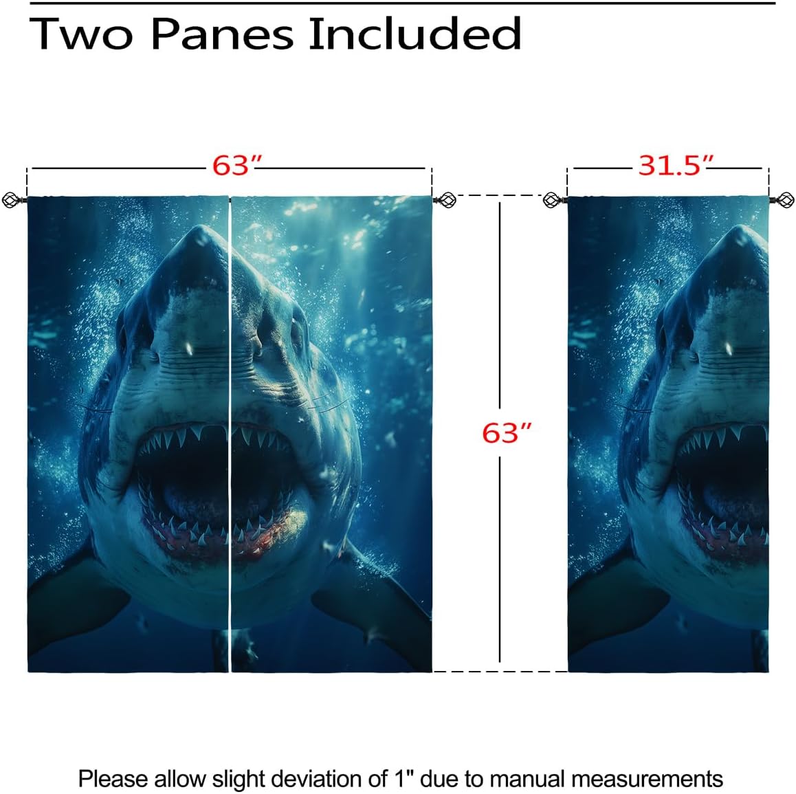 Underwater Shark Blackout Curtains for Girls Boy Home Decor, 3D Ocean Great White Shark Blue Grommet Thermal Insulated Drapes Darkening Window Curtain for Bedroom Living Room, 63 x 63 Inch